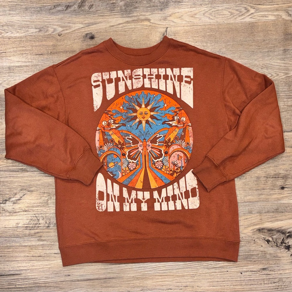 Hollister Sunshine On My Mind Sweatshirt XS BohoY2K Hippie Sun Retro Brown Indie - Picture 2 of 13